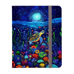 May include: A colorful illustration of a sea turtle swimming through a vibrant underwater scene with coral reefs and flowers. The turtle is green, blue, and yellow with intricate patterns. The background is a dark blue with stars and a moon.