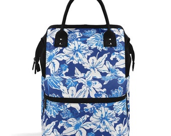 Oceanic Bloom: Watercolor Tropical Flowers in White and Blue against a Deep Blue Background Large Capacity Backpack Diaper Nursing Bag