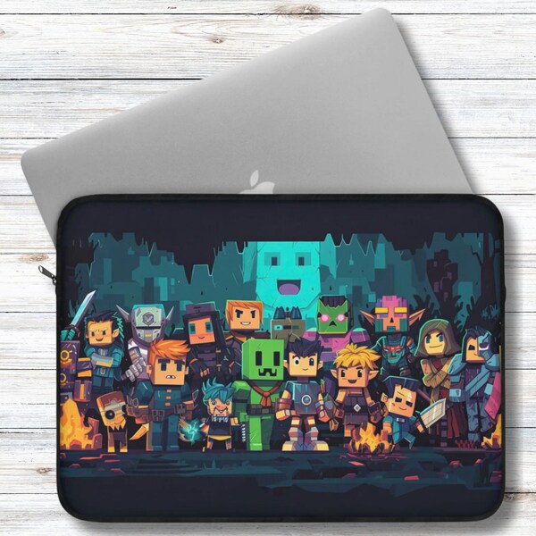 Mine Craft Themed Characters at Campfire Party Laptop or Ipad Protective Sleeve 3 Sizes