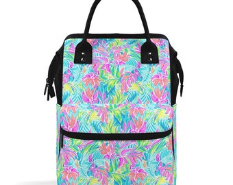 Neon Tropics: Vibrant Rainbow Flowers and Palm Leaves in Electric Splendor Large Capacity Backpack Diaper Nursing Bag