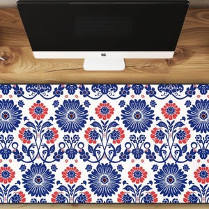 Folk Art Flowers in Classic Polish Pottery Inspired Floral Pattern in Blue and Red Extra Large Mousepad, Gaming Desk Mat, Desktop Accessory