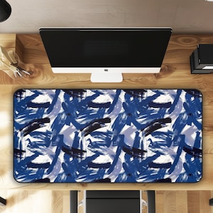 Midnight Frenzy Bold Abstract Brush Strokes in Shades of Deep Blue and White Gaming Mouse Pad Desk Mat - 3 Sizes