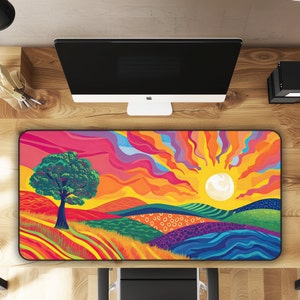 Vibrant Dawn: Abstract Sunrise Over Rolling Hills, Alive with Colorful Flow Large Gaming Mouse Pad Desk Mat - 3 Sizes