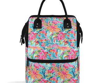 Tropical Radiance: Bursting Summer Blooms in Teal, Orange, and Pink Large Capacity Backpack Diaper Nursing Bag
