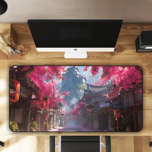 Japanese Sakura Scene with Enchanting Cherry Blossom Street Large Gaming Mouse Pad Desk Mat - 3 Sizes
