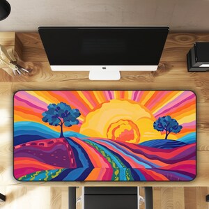 Twilight Symphony: Abstract Sunset Casting Its Colors over Rolling Hills Large Gaming Mouse Pad Desk Mat - 3 Sizes