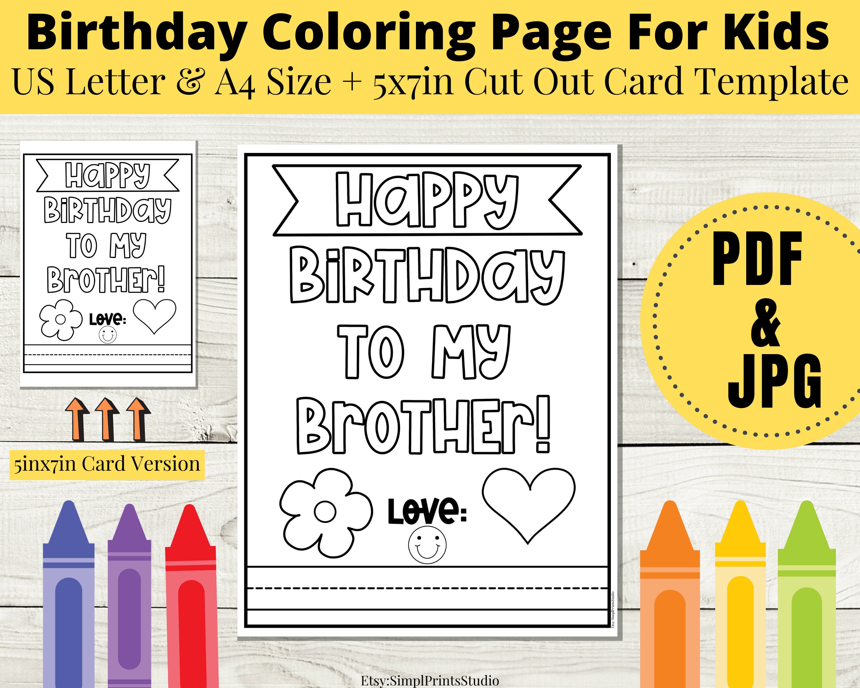 Printable Happy Birthday Coloring Page For Kids, Happy Birthday To My Brother, Kids Coloring Activity, INSTANT DOWNLOAD