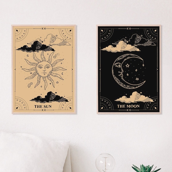 2er Set, Sonne und Mond Poster, digitaler Download, Astrologie, Tarot, Sonne und Mond Wandkunst, Boho Dekor, Mond Druck, Sonne Druck, Boho Art