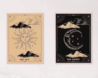 set of 2, sun and moon posters, digital download, astrological, tarot, sun and moon wall art, boho decor, moon print, sun print, boho art