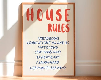 Retro House Rules Poster, Trendy Wall Print (Digital Download)