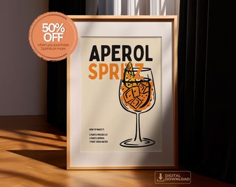 Retro Cocktail Poster, Aperol Spritz, Digital Download, Wall Art, Bar Cart, Vintage Cocktail Poster, Alcohol Poster, Bar Printable