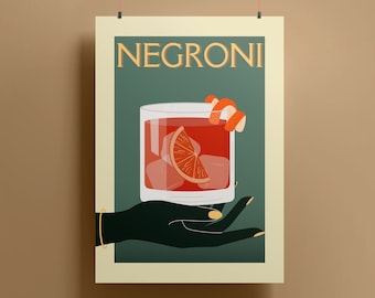 Impression d'art cocktail Negroni, affiche vintage de chariot de bar (téléchargement numérique)