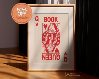 Book Queen Poster, DIGITAL DOWNLOAD , Wall Print, Bookish Poster, Gift Idea, Reader Poster, Queen Print, Playing Card, Trendy Retro Poster