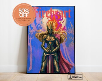 Fantasy Warrior Queen Wall Art, Golden Armour, Flame Magic, Bookish Dark Fantasy Room Decor