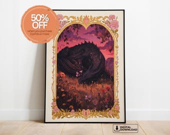 The Wyvern Who Loves Flowers, Fantasy Dragon Wall Art, Bookish Decor