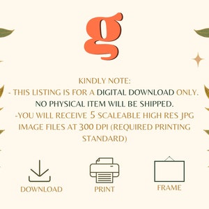 K&ouml;nnte beinhalten: Digitaler Download f&uuml;r Grafikdesign mit 5 hochaufl&ouml;senden JPG-Bildern mit 300 DPI. Die Liste enth&auml;lt ein Download-, Druck- und Rahmensymbol. Der Text "KINDLY NOTE:" wird &uuml;ber den Listendetails angezeigt. Der Text "THIS LISTING IS FOR A DIGITAL DOWNLOAD ONLY. NO PHYSICAL ITEM WILL BE SHIPPED." wird unter dem Text "KINDLY NOTE:" angezeigt. Der Text "YOU WILL RECEIVE 5 SCALEABLE HIGH RES JPG IMAGE FILES AT 300 DPI (REQUIRED PRINTING STANDARD)" wird unter dem vorherigen Text angezeigt.