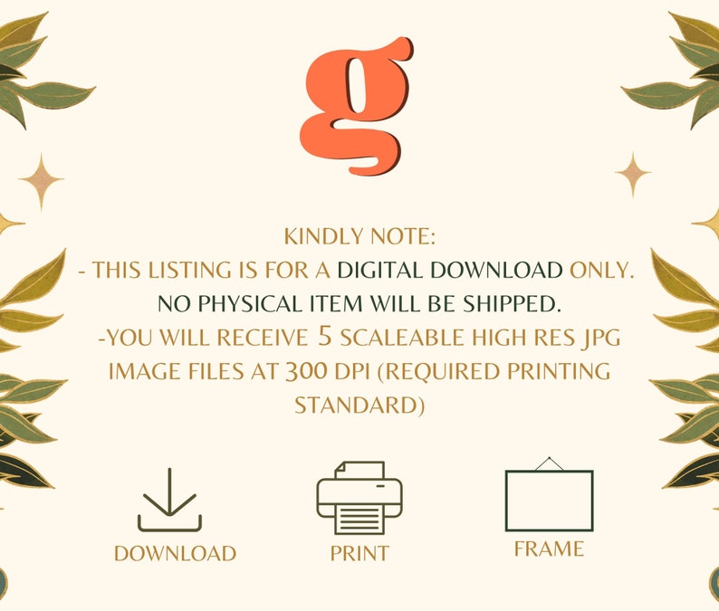 K&ouml;nnte beinhalten: Digitaler Download f&uuml;r Grafikdesign mit 5 hochaufl&ouml;senden JPG-Bildern mit 300 DPI. Die Liste enth&auml;lt ein Download-, Druck- und Rahmensymbol. Der Text "KINDLY NOTE:" wird &uuml;ber den Listendetails angezeigt. Der Text "THIS LISTING IS FOR A DIGITAL DOWNLOAD ONLY. NO PHYSICAL ITEM WILL BE SHIPPED." wird unter dem Text "KINDLY NOTE:" angezeigt. Der Text "YOU WILL RECEIVE 5 SCALEABLE HIGH RES JPG IMAGE FILES AT 300 DPI (REQUIRED PRINTING STANDARD)" wird unter dem vorherigen Text angezeigt.