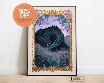 The Sleeping Wyvern Art Print, Fantasy Dragon Wall Art, Bookish Decor
