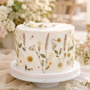 May include: A round white cake decorated with an assortment of pressed dried flowers, including daisies and tall grasses, arranged across the smooth frosting surface. The cake sits on a simple white pedestal stand, showcasing a botanical design.
