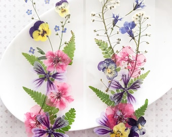 May include: Two sheets of clear pressed flowers, each with a different arrangement of pressed flowers. The first sheet features pink, purple, and yellow flowers, including pansies and ferns. The second sheet features pink, purple, and blue flowers, including pansies, ferns, and small white flowers.