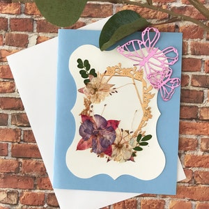 Cartes de fleurs pressées avec 2 papillons découpés - Carte de mariage - Carte de voeux - Assortiment de cartes pliées - Cadeau carte unique-SC04-2
