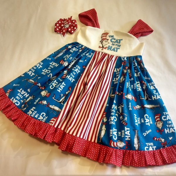 Cat in the Hat Twirl Dress with Matching Hairbow