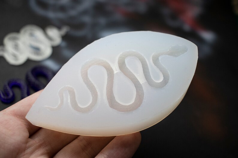 May include: A white silicone mold shaped like a leaf with a snake design inside. The mold is designed for making resin crafts.