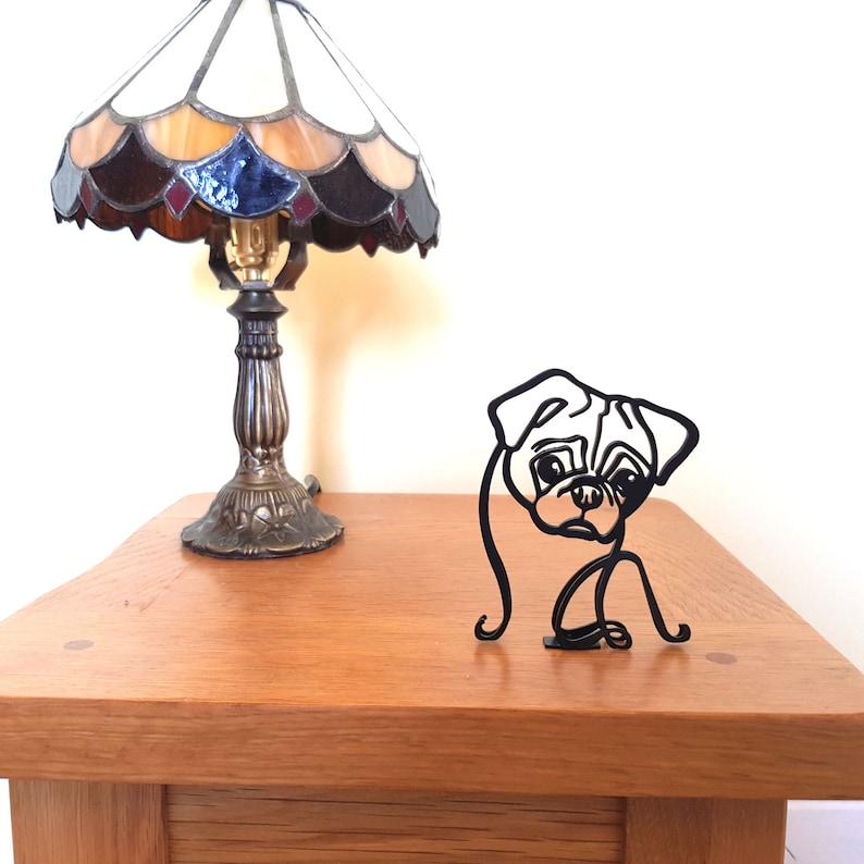 Metal Framed Cute Pug Dog Minimalistic Sculpture Statue image 1