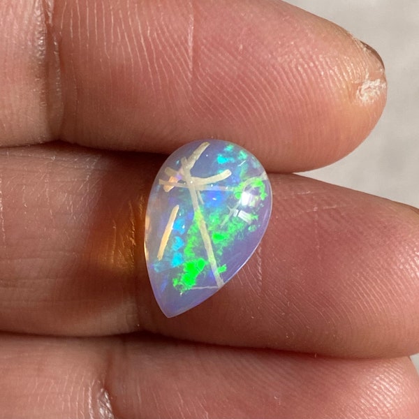 Natural Ethiopian White Opal Cabochon Pear 1.99 Carats 12x8 MM Welo Fire Opal Roots Inside Loose Gemstone