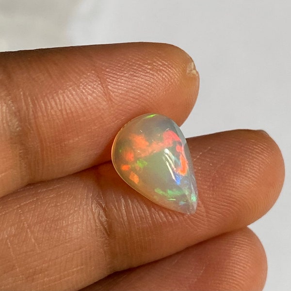 Natural Ethiopian White Opal Cabochon Pear 1.46 Carat 12x8 MM Welo Fire Opal AAA Quality Jewelry Making Opal Loose Gemstone