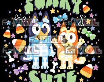 May include: Two cartoon dogs dressed in skeleton costumes with candy corn and stars around them. The text "Scary Cute" is written in green letters.