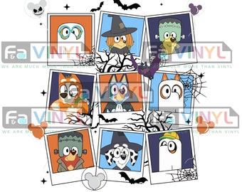 May include: A collage of nine colorful cartoon characters dressed in Halloween costumes. The characters are in photo frames with a spooky Halloween background. The characters include a ghost, a witch, a werewolf, a Frankenstein, a dog, and a cat.