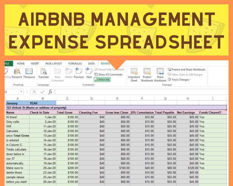 Airbnb Management Expense Spreadsheet Tracker Calculate Etsy Canada
