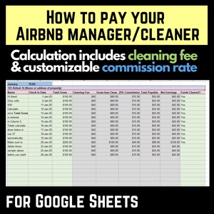 Peut inclure: Un modèle de feuille de calcul pour calculer les paiements des gestionnaires et des nettoyeurs Airbnb. La feuille de calcul comprend des colonnes pour la date d'arrivée, le total brut, les frais de nettoyage, le brut moins le nettoyage, la commission de 25 %, le total payable, les gains nets et les fonds dégagés. La feuille de calcul est conçue pour être utilisée avec Google Sheets.