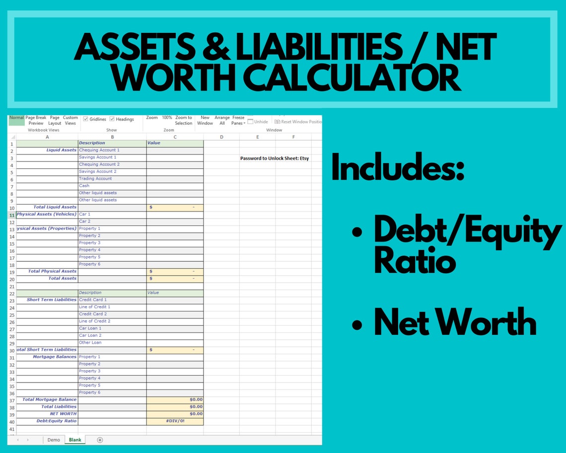 Net Worth Calculator Balance Sheet Assets and Liabilities - Etsy