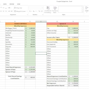 May include: A spreadsheet with green, orange, and gray cells. The spreadsheet is titled "Couples Budget" and includes columns for "Spouse A", "Shared Expenses", and "Spouse B". The spreadsheet includes calculations for monthly income, expenses, and savings.