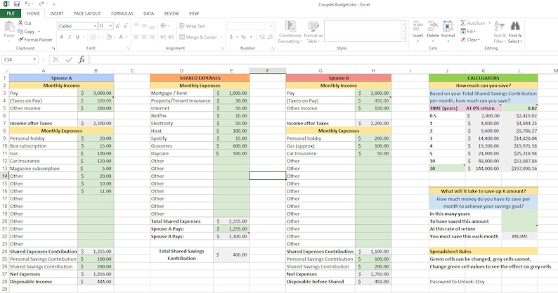 May include: A spreadsheet with green, orange, and gray cells. The spreadsheet is titled "Couples Budget" and includes columns for "Spouse A", "Shared Expenses", and "Spouse B". The spreadsheet includes calculations for monthly income, expenses, and savings.