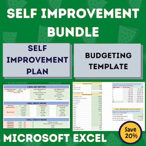 May include: A green and white digital printable bundle for self-improvement and budgeting. The bundle includes a self-improvement plan with sections for eating better, moving more, and creating more. The budgeting template includes a section for monthly income, monthly expenses, and disposable income. The text "Save 20%" is in a green circle at the bottom of the image.