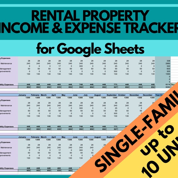 Rental Property Income Statement & Expense Tracker (10 Single Family units) for tax filing in Google Sheets for Landlords, Property managers