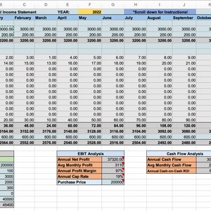 K&ouml;nnte beinhalten: Eine Tabellenkalkulation mit einer detaillierten Finanzanalyse einer Immobilieninvestition. Die Tabellenkalkulation enth&auml;lt Abschnitte f&uuml;r die j&auml;hrliche Gewinn- und Verlustrechnung, die EBIT-Analyse und die Cashflow-Analyse. Die Tabellenkalkulation zeigt, dass die Gesamtinvestition 45.400,00 &euro; betr&auml;gt.