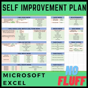 May include: A green and white self-improvement plan chart with a "No Fluff" title. The chart is divided into sections with headings such as "I Will Read More", "I Will Scroll Less, Watch Less, Think More", "I Will Eat Better", "I Will Move More", "I Will Create More", "Sleep More", "Know More", "Save More", "Relationships", "Treat Yo' Self", and "Habit Stack 1", "Habit Stack 2", and "Habit Stack 3". Each section has a list of goals and actions to take.