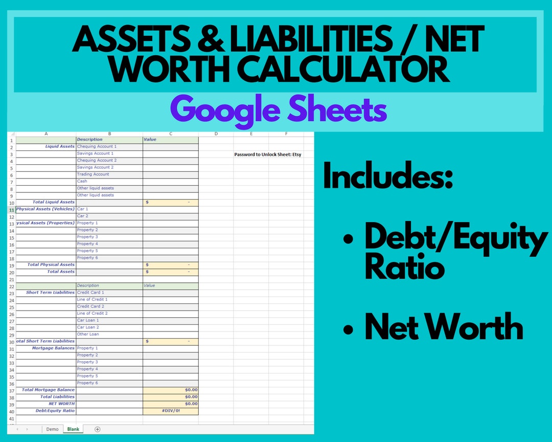 Net Worth Calculator Balance Sheet Assets and Liabilities Etsy