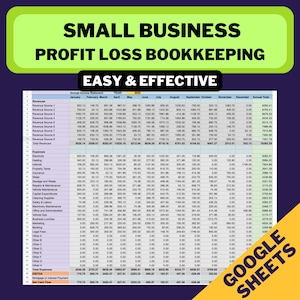 May include: A spreadsheet with a green and yellow background showing a sample profit and loss statement for a small business. The spreadsheet is titled "Small Business Profit Loss Bookkeeping Easy & Effective" and includes columns for each month of the year, as well as a total column. The spreadsheet includes revenue and expense categories, such as electricity, internet, property taxes, insurance, sewage and waste, repairs and maintenance, vehicle maintenance, capital expenditures, cleaning supplies, marketing, banking, legal fees, salary and labor, machinery maintenance, office and administration, vehicle gas, business lunches, other A, other B, other C, other D, other E, other F, other G, other H, total expenses, EBITDA, mortgage or interest payment, and net cash flow.