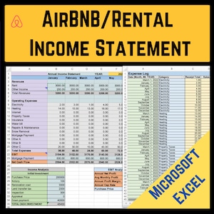 AirBNB Rental Income Statement Tracker - Monthly & Annual Expenses, Cap Rate and Profit Margins, Vacation Rental Long Term, Digital Download