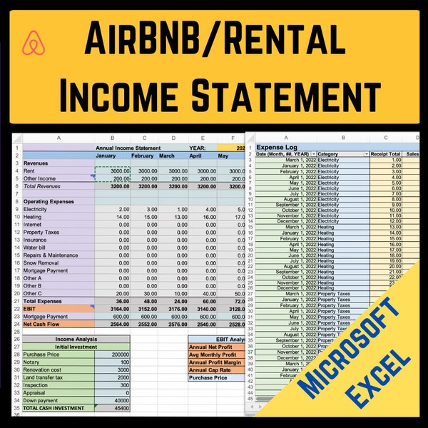 AirBNB Rental Income Statement Tracker - Monthly & Annual Expenses, Cap Rate and Profit Margins, Vacation Rental Long Term, Digital Download