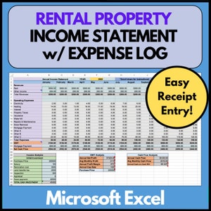 May include: A spreadsheet template for tracking rental property income and expenses. The spreadsheet is titled "Rental Property Income Statement w/ Expense Log" and includes columns for monthly income and expenses, as well as a section for calculating net cash flow, EBIT analysis, and cash flow analysis. The spreadsheet is designed to be used in Microsoft Excel.