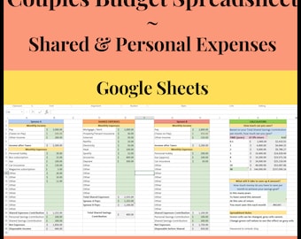 Könnte beinhalten: Eine grün-weiße Tabellenkalkulation mit dem Titel "Couples Budget Spreadsheet" und dem Untertitel "Shared & Personal Expenses". Die Tabellenkalkulation soll Paaren helfen, ihre Einnahmen, Ausgaben und Ersparnisse zu verfolgen. Die Tabellenkalkulation ist in zwei Abschnitte unterteilt: "Spouse A" und "Spouse B". Jeder Abschnitt enthält eine Liste der Einnahmen und Ausgaben sowie einen Abschnitt für gemeinsame Ausgaben. Die Tabellenkalkulation enthält auch einen Abschnitt zur Berechnung der Ersparnisse und einen Abschnitt zur Prognose der Ersparnisse.