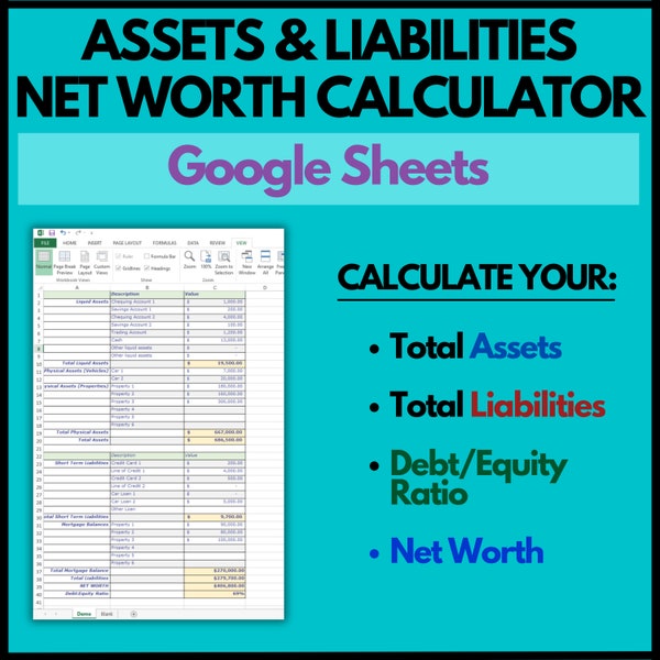 Net Worth Calculator, Balance Sheet, Assets and Liabilities Google Sheets template for Property Investors, Couples, Small Business
