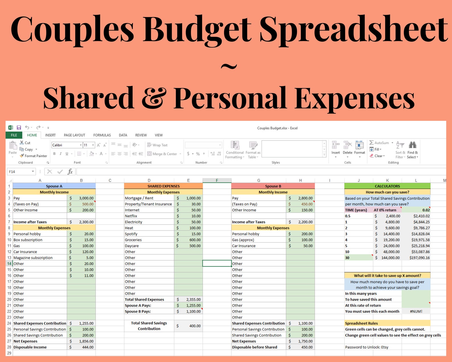  A spreadsheet that shows a couple's budget, with categories for shared and personal expenses, as well as a savings goal.