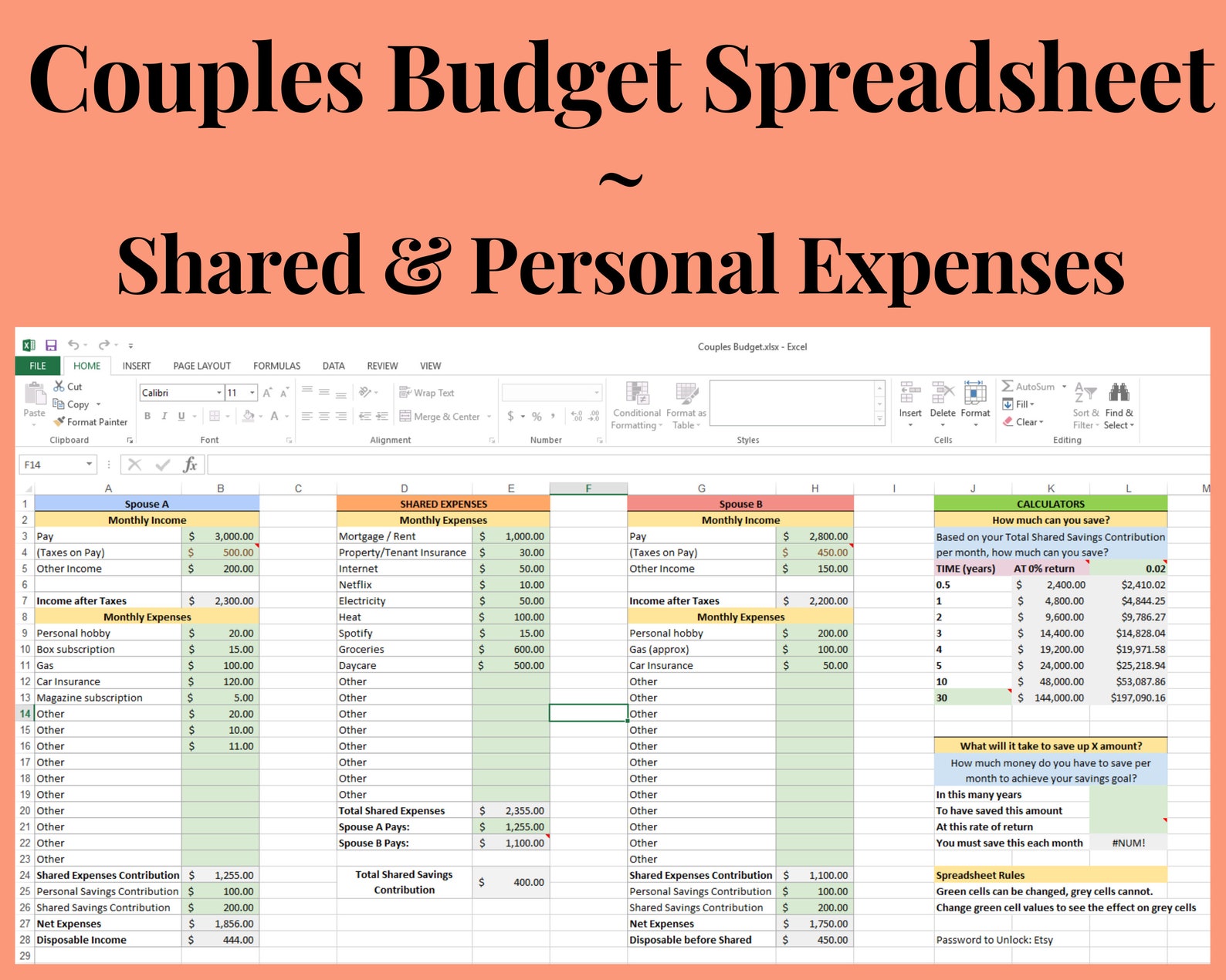 Couples Budget Spreadsheet With Monthly Shared Personal Etsy